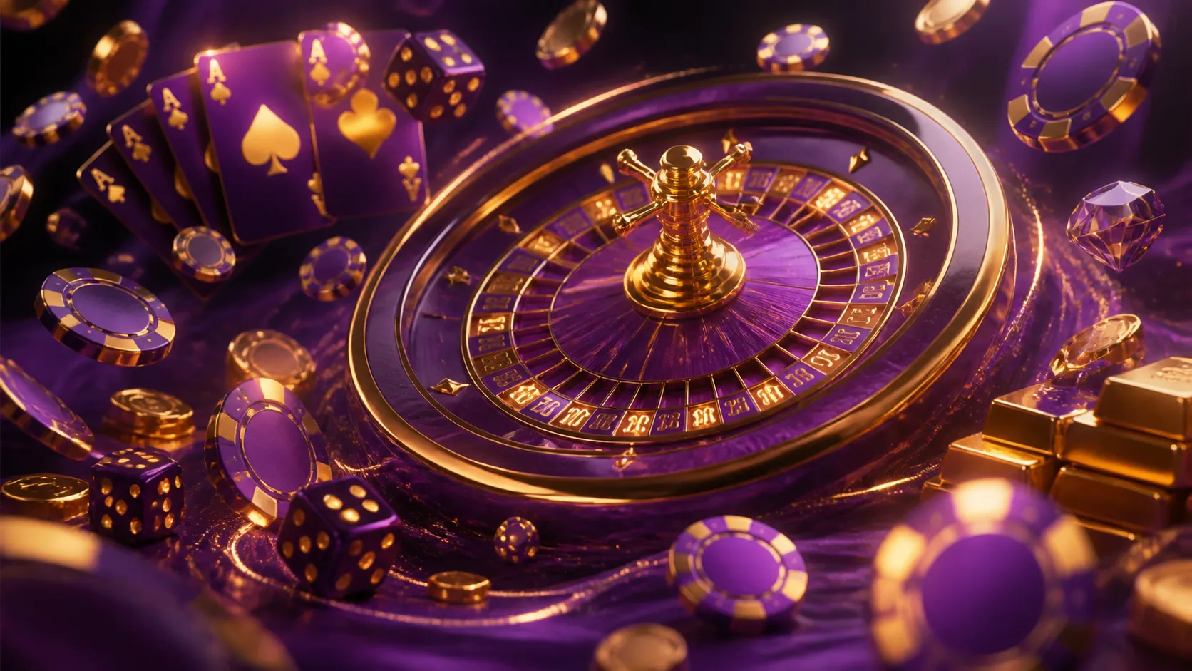 Luxury casino hero banner featuring dynamic spinning roulette wheel and floating poker chips in premium cinematic style